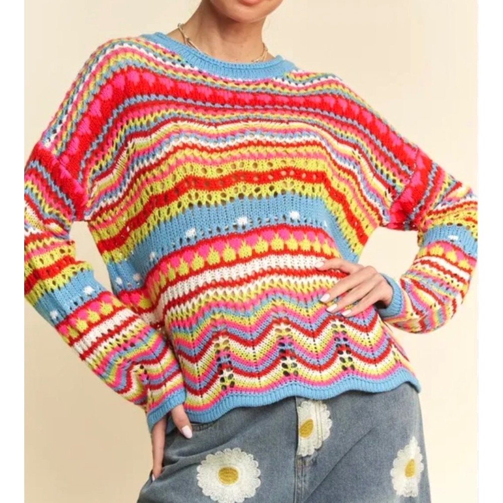 Davi & Dani Multicolor Boho Chevron Crochet Knit Sweater - Medium